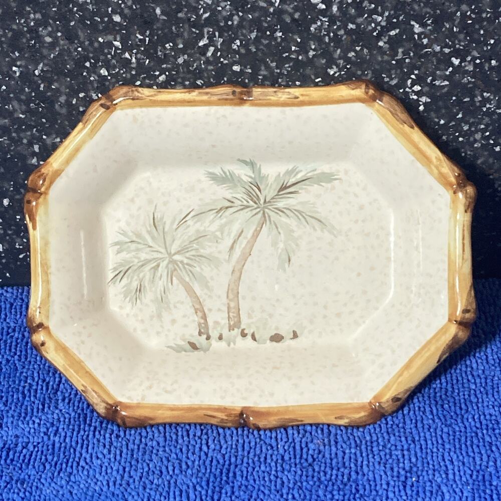 Vintage Springmaid Ceramic Soap Dish With Bamboo Trim & Palm Tree Design